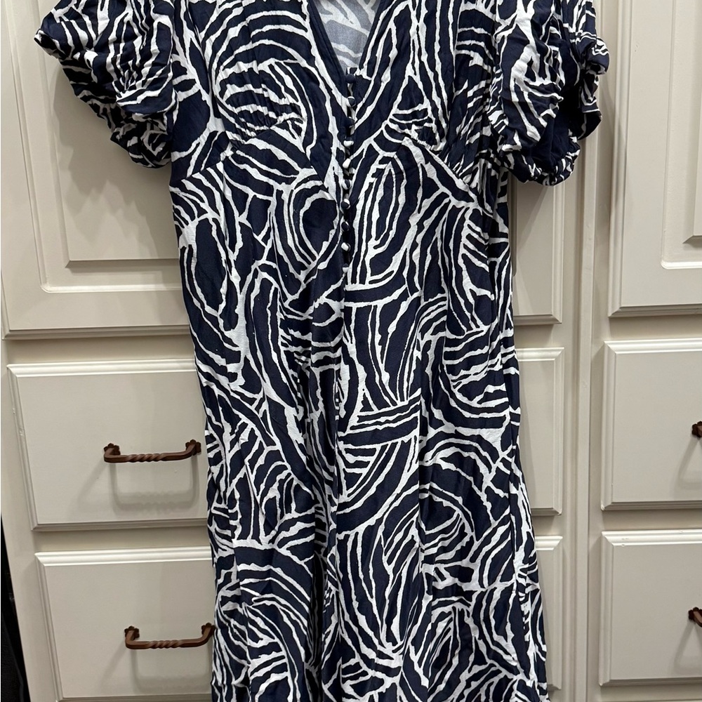 Anthropologie Blue and White Patterned Midi Dress